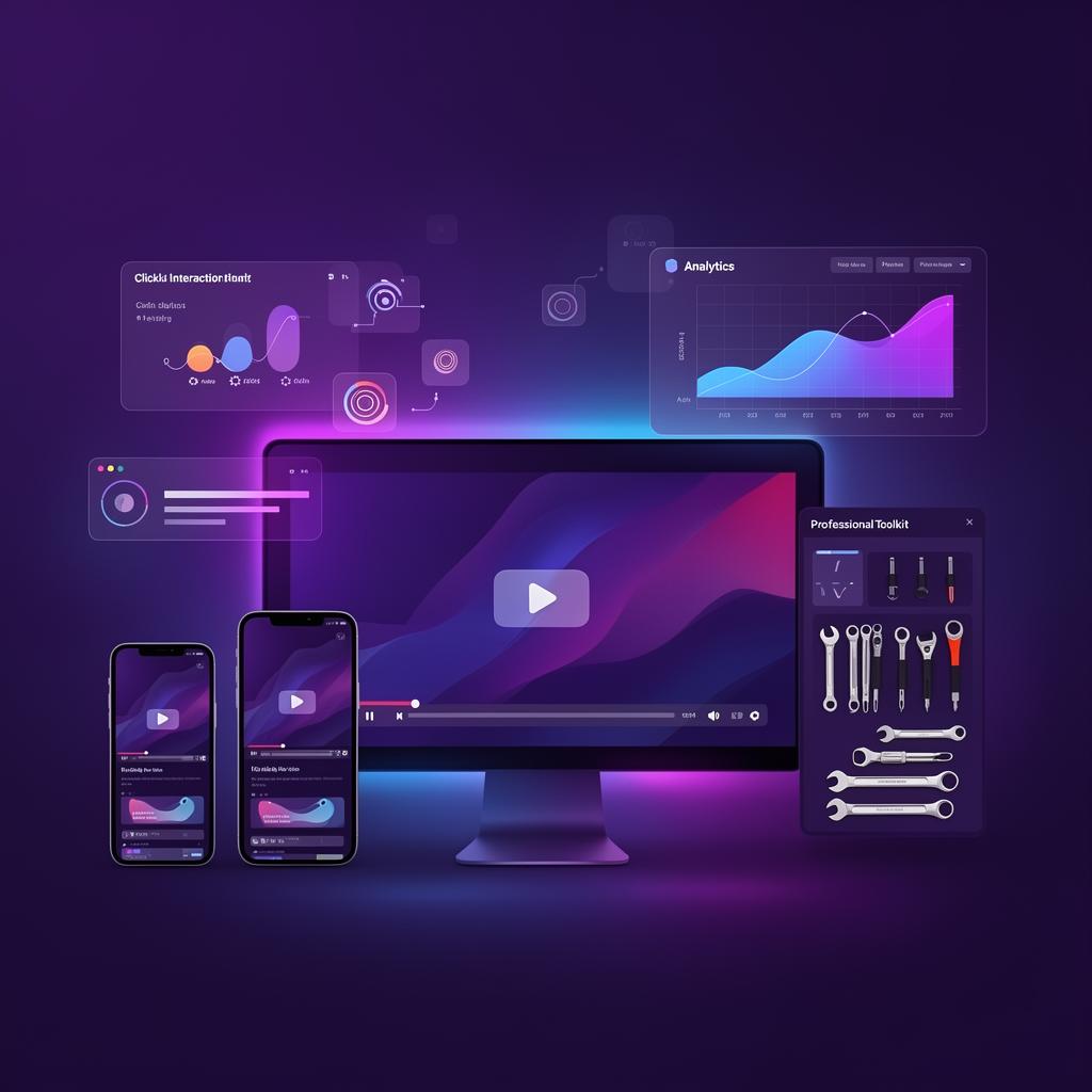 Illustration of interactive video features across devices with analytics and a professional toolkit