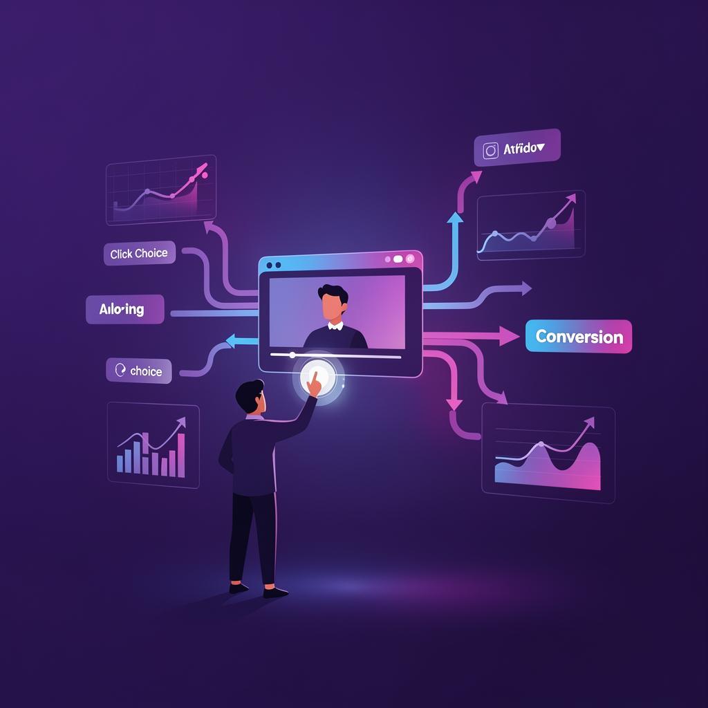 Illustration of a viewer interacting with a branching video player and conversion analytics